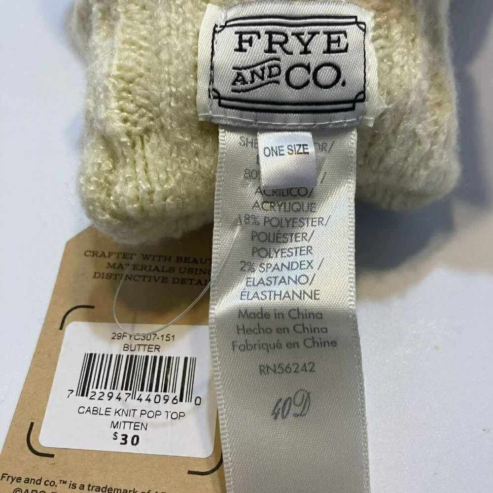 Frye & Co NWT Womens Butter Creamy Tan Cable Knit Pop Top Mitten Gloves-OSFM